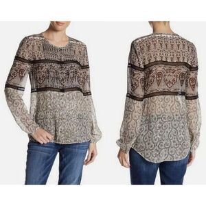 Veronica Beard Women's Brown Nude Sheer Daisy Trim Lace Silk Blouse Size 4